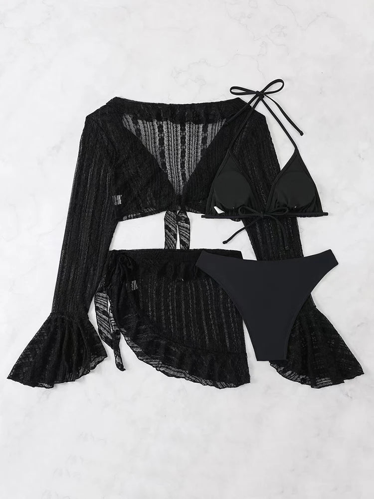 Maillot de Bain Femme 4 Pièces | Bikini Brésilien | Cover-Up Manches Longues | Uni | Plage & Soirée | Été 2026