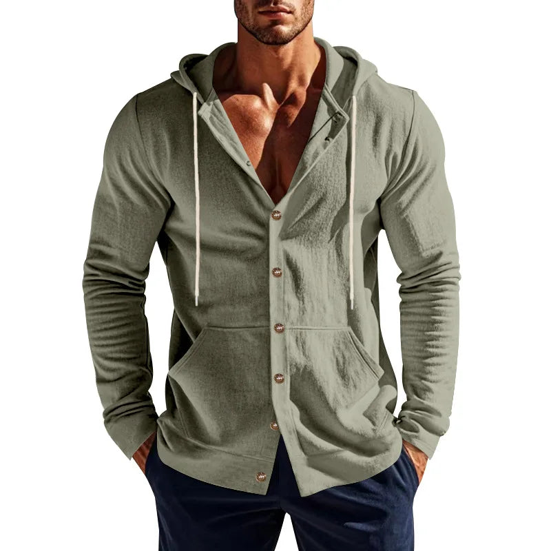Men's Linen Hoodie Shirt Casual Slim Fit Hooded Long Sleeve Solid Button Down T-shirt Tops New Men Spring Summer Vacation Shirts