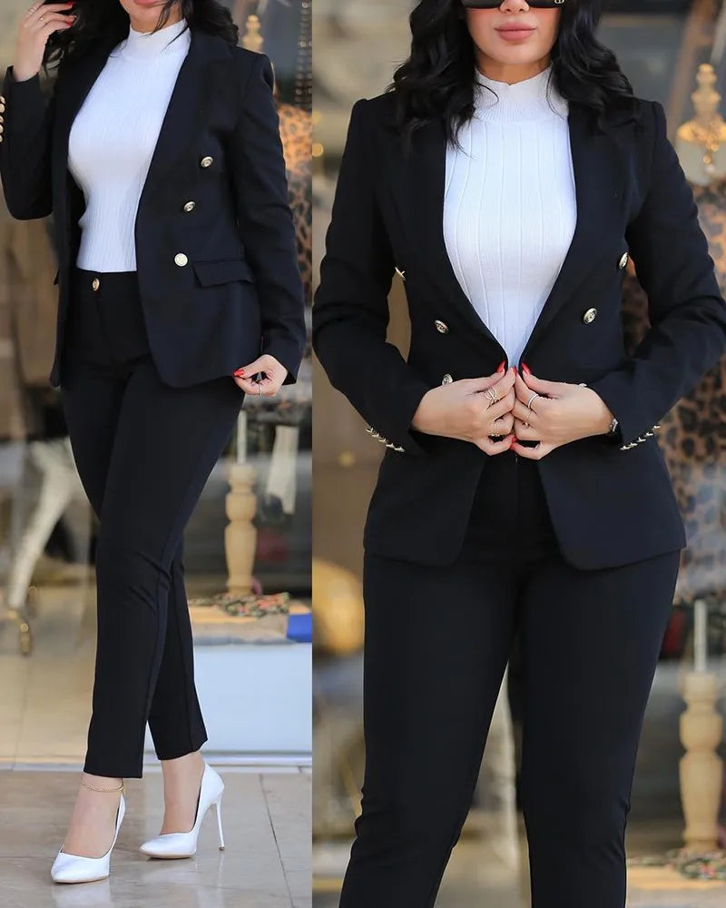 Pants Sets Two Piece Women Cardigan Blazer Double Breasted Slim Fit Pencil Pants Pockets Solid Casual Suits Outwear Spring 2025