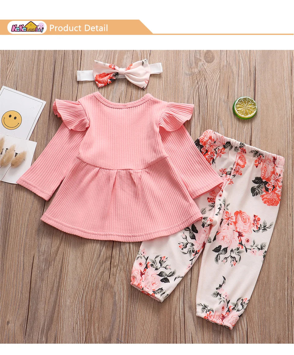 Newborn Baby Girl Clothes Set Solid Knitting Long Sleeve Tops Floral Print Pants Headband 3Pcs Outfits Casual Infant Clothing