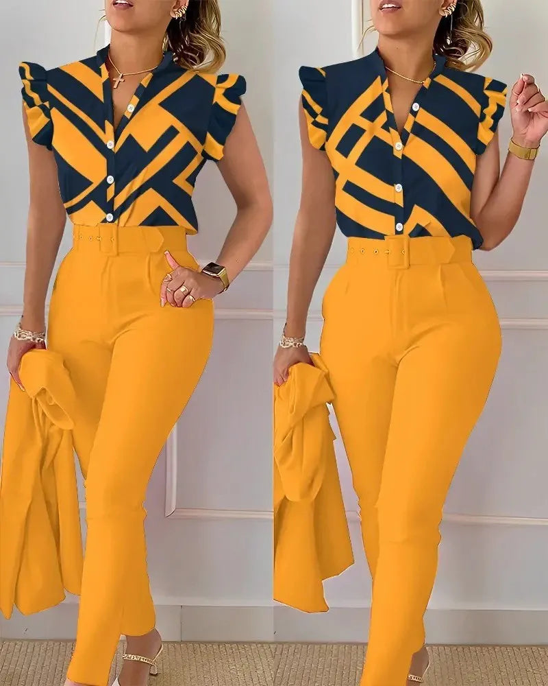 Women's Elegant Slim Two-Piece Sets Summer Fashion Print V Neck Button Flying Sleeve Shirt Top & Solid Long Pants Suits With Belt