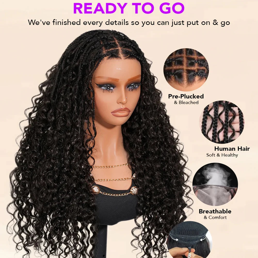 Glueless Knotless Braided Wigs Water Wave 13x6 HD Lace Human Hair Frontal Wigs Pull Go Glueless Wigs Human Hair With Drawstring