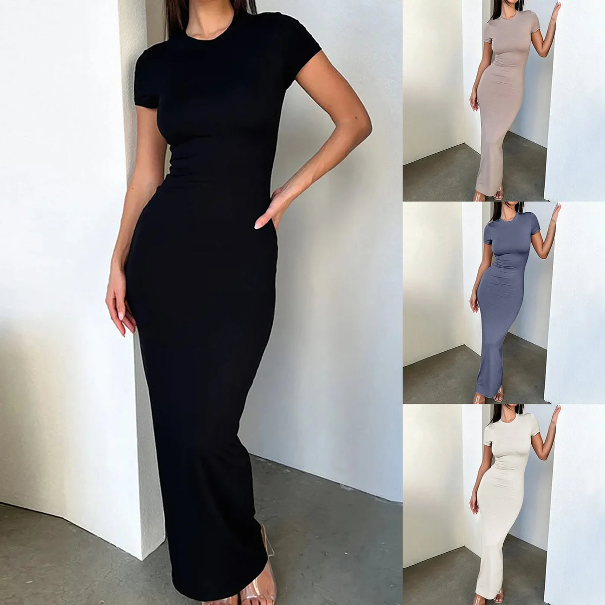 Sexy Skinny Women's Bodycon Party Dress Fashion O-neck Short Sleeve Solid Color Wrapped Hip Package Long Dress Female Sexy Dress