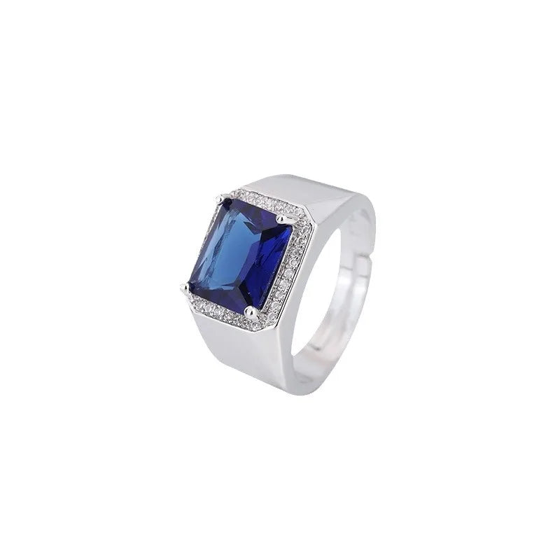 925 Sterling Silver Adjustable Ring for Men with Diamonds Sapphire and Emerald Open Design Jewelry Accessories for Men Gift