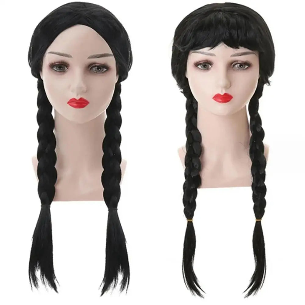 Double Ponytail Braided Wig For Wednesday Wigs Halloween Gothic Costume Braids Anime Double Black Synthetic Braided With Bangs