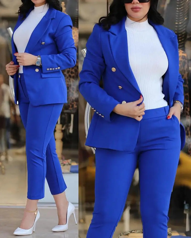 Pants Sets Two Piece Women Cardigan Blazer Double Breasted Slim Fit Pencil Pants Pockets Solid Casual Suits Outwear Spring 2025