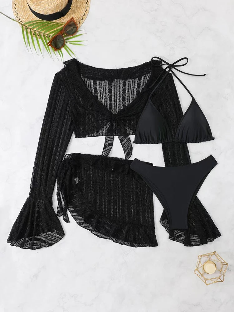 Maillot de Bain Femme 4 Pièces | Bikini Brésilien | Cover-Up Manches Longues | Uni | Plage & Soirée | Été 2026