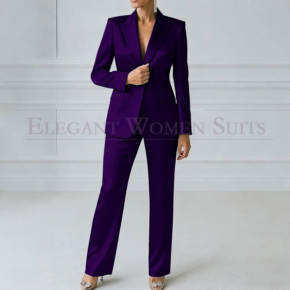Elegant Blue Evening Women's Suits 2 Piece Jacket Pants Sets High Quality Royal Blue One-Button Slim Fit Office Blazer Clothing