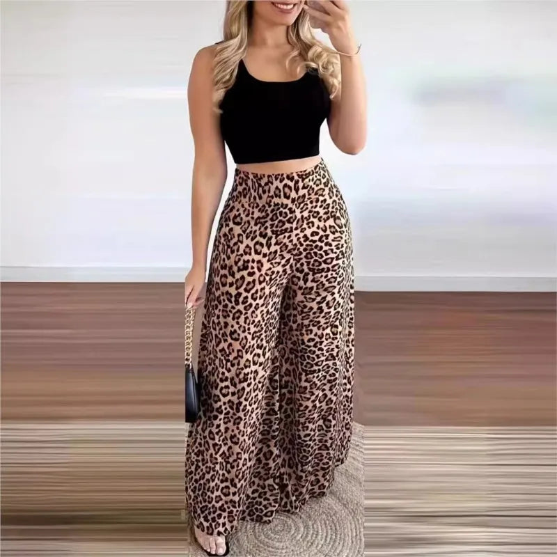 Ensemble 2 Pièces Femme Été 2024 | Top Crop Sans Manches Col Carré & Pantalon Large Léopard Poches
