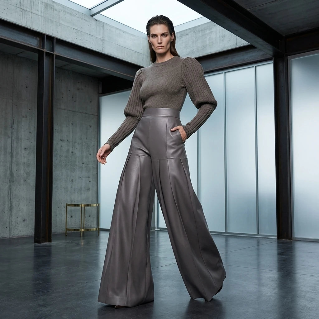 Pantalon Large Plissé Cuir PU Femme | Taille Haute Oversize | Club & Soirée | 2026
