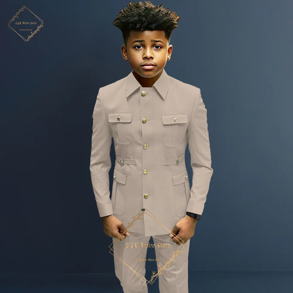 Boys single-breasted formal 2-piece suit, boys Zhongshan suit style long coat classic design suitable for ages 2-16