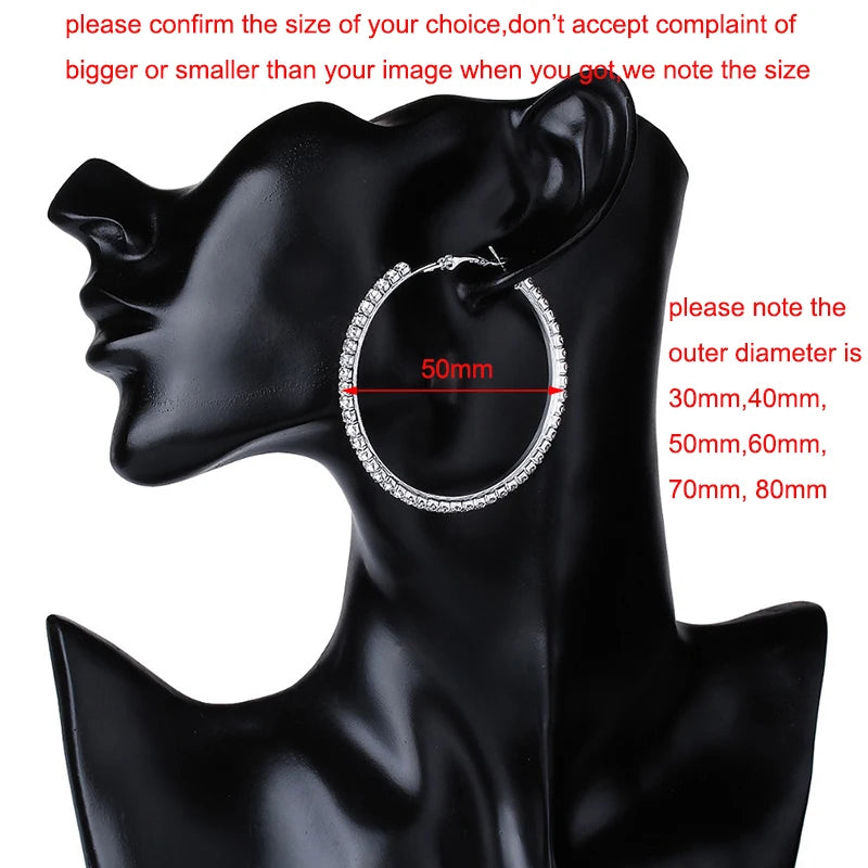 Grandes Boucles Créoles 30-80mm | Cristal Strass Cercle | Noir Or Argent | Femme Fille | Fête Cadeau