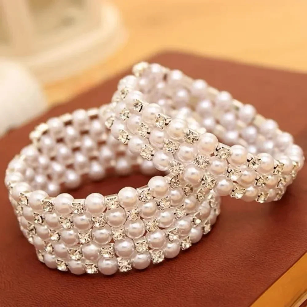 Elegant Multi-Layer Pearl Bracelet Adjustable Crystal Beaded Bangle for Women Wristband Bridal Jewelry Weddings Party Gifts