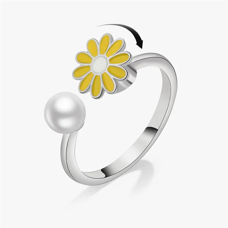 Rotating Jewelry Adjustable Anxiety Ring For Women Girls Fashion Flower Round Beads Pendant Finger Rings Anti-Stress Gifts