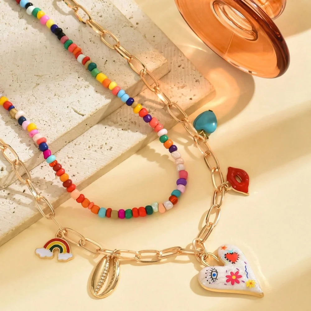 Collier Perles Bohème Multicouche Fait Main | Tassel Coloré Pendentif | Bijou Femme Accessoire