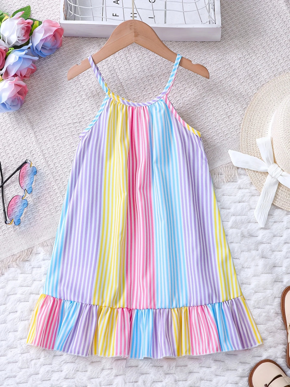 Robe Bretèlles Été Fille | Rayures Colorées Volantée | Plage & Vacances Enfant
