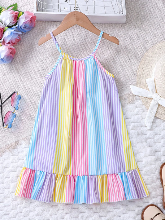 Girls' Summer Colorful Striped Ruffle Hem Dress Children's Summer Vacation Beach Play Suspender Dress