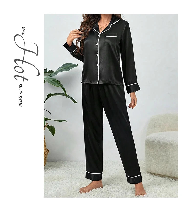 Plus Size Pajamas Women Fall and Winter Ice Silk Long Sleeve Two Piece Set Loungewear Nightwear Ladies Solid Color Sleepwear