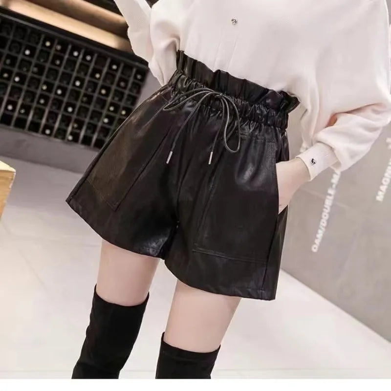 Short PU Taille Haute Femme | Casual Large | Pantalon Automne-Hiver | Grande Taille Bootcut