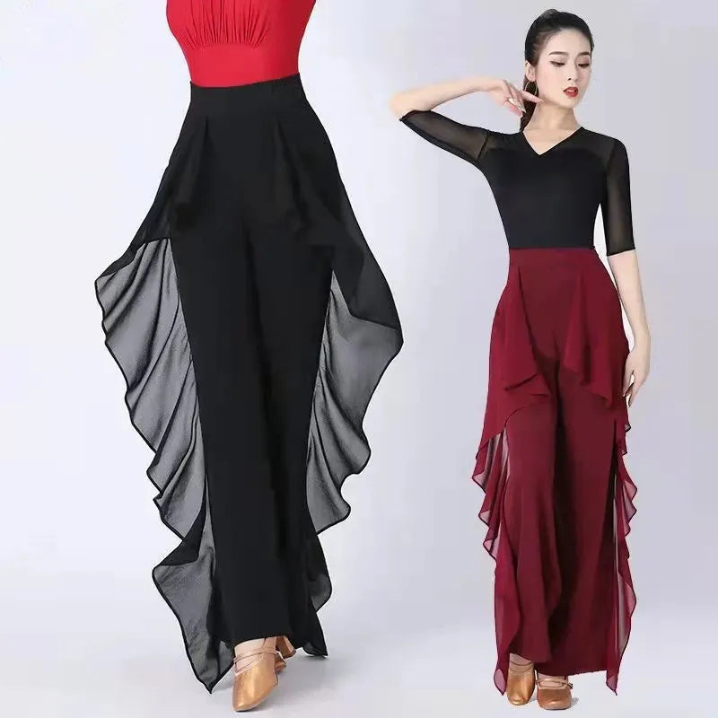 Dance Wide-Leg Pants Women's High-Waist Pants Lotus Leaf Side Loose Training Pants 2022 New Dance Female Pants