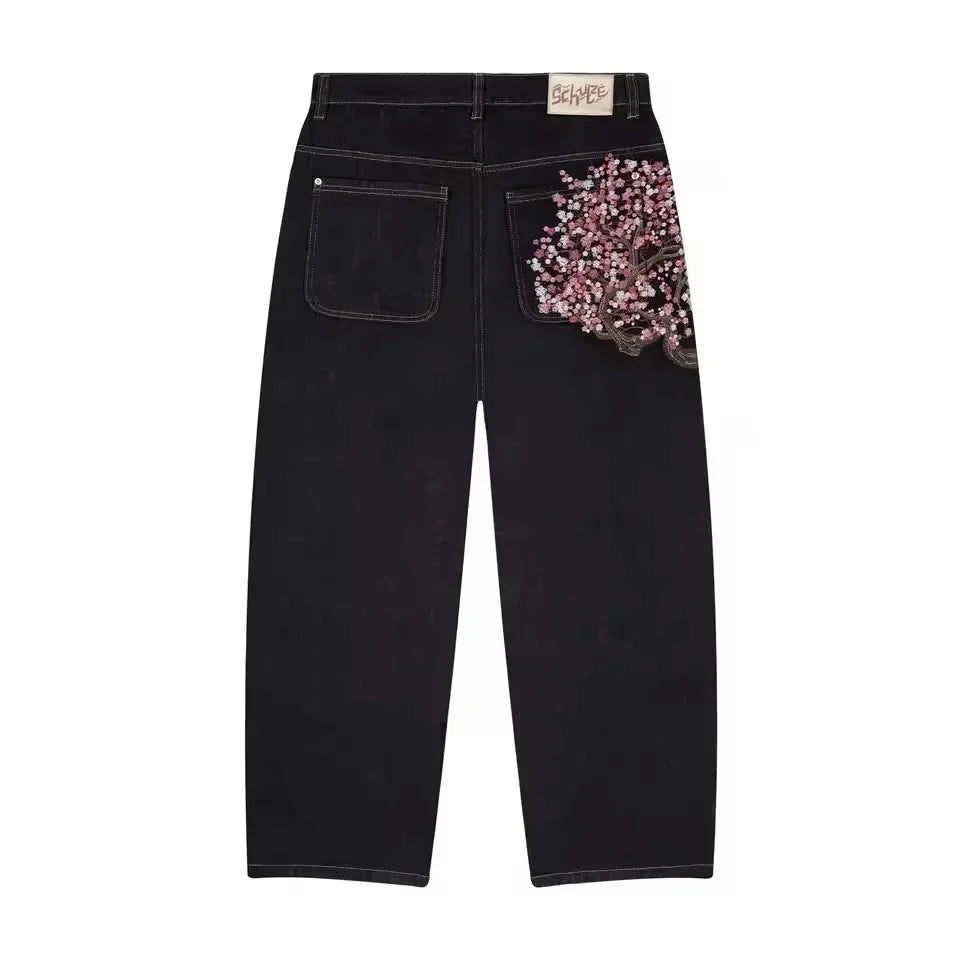 Jean Taille Basse Hip Hop | Fleurs Cerisier Brodé | Jambe Large Unisexe | Y2K Vintage Baggy