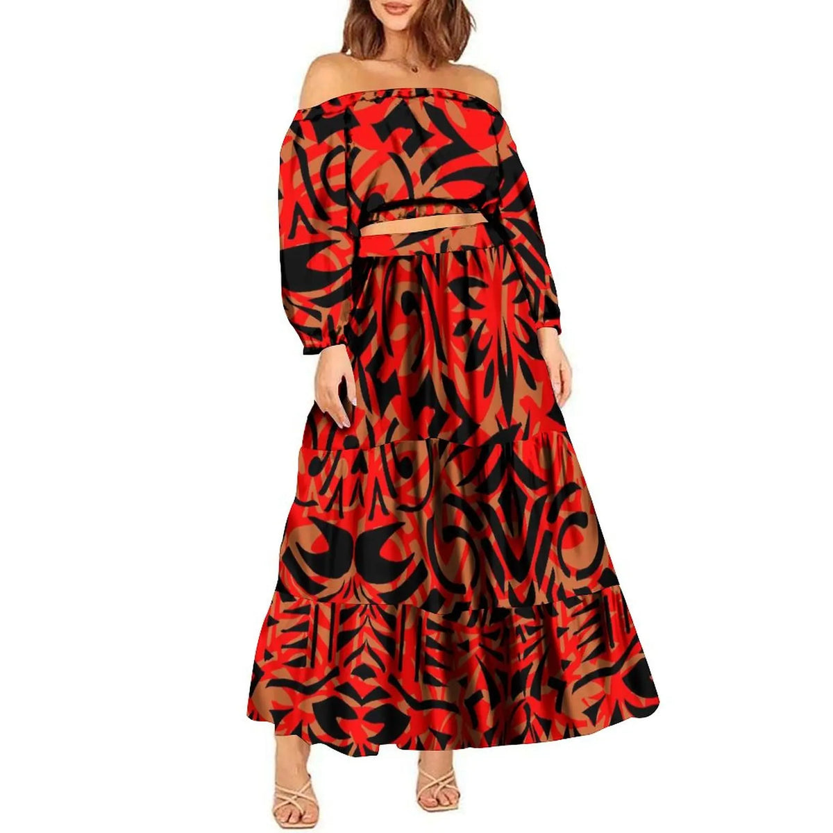 2024 Trendy 2 Piece Set Custom Polynesian Tribal One Shoulder Long Sleeve Crop Top Maxi Skirt Plus Size Women's Sets Dress
