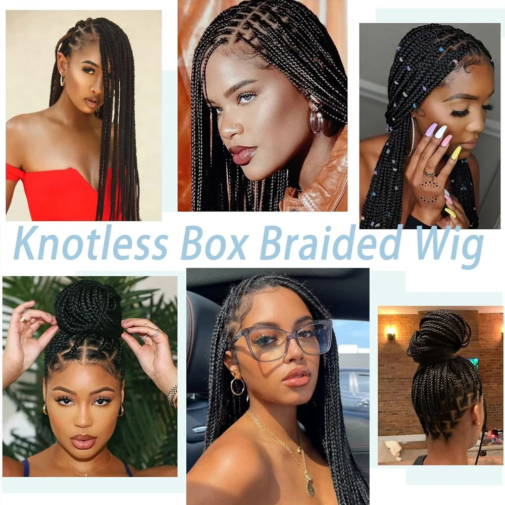 Boho Knotless Box Braided Wigs Full Double Lace Short Braid Wig for Black Women Human Hair Blended Braided Wig with Boho Curls