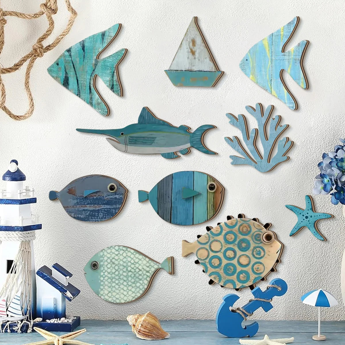 Handcrafted Wooden Ocean Wall Decor - Fish, Coral, Starfish & Sailboat Set for Home/Bathroom, Coastal Style Art