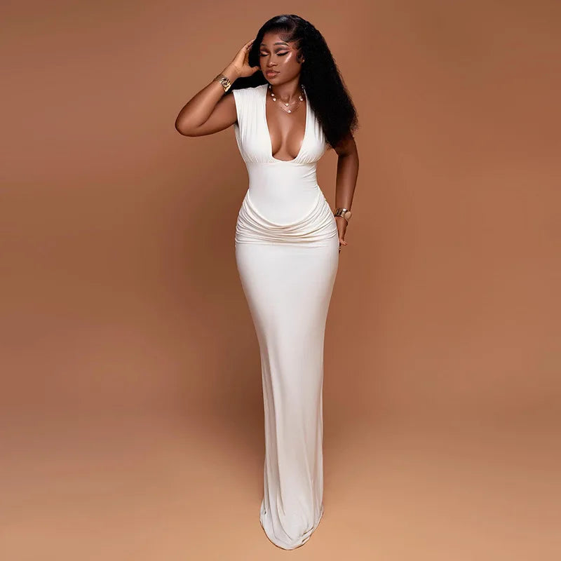 Robe Maxi Bodycon Jaune Froncée | Col V Sans Manches | Slim Longue | Soirée & Club | Femme
