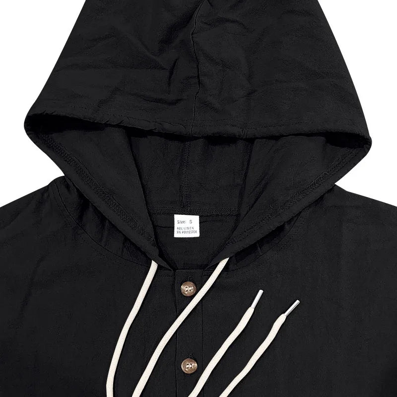 Men's Linen Hoodie Shirt Casual Slim Fit Hooded Long Sleeve Solid Button Down T-shirt Tops New Men Spring Summer Vacation Shirts