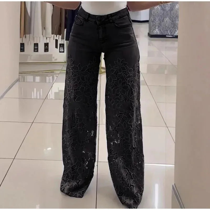 Jean Femme Taille Haute Jambe Large | Dentelle Ajournée Denim | Coton Printemps-Été | Style High Street | XS à XXXL