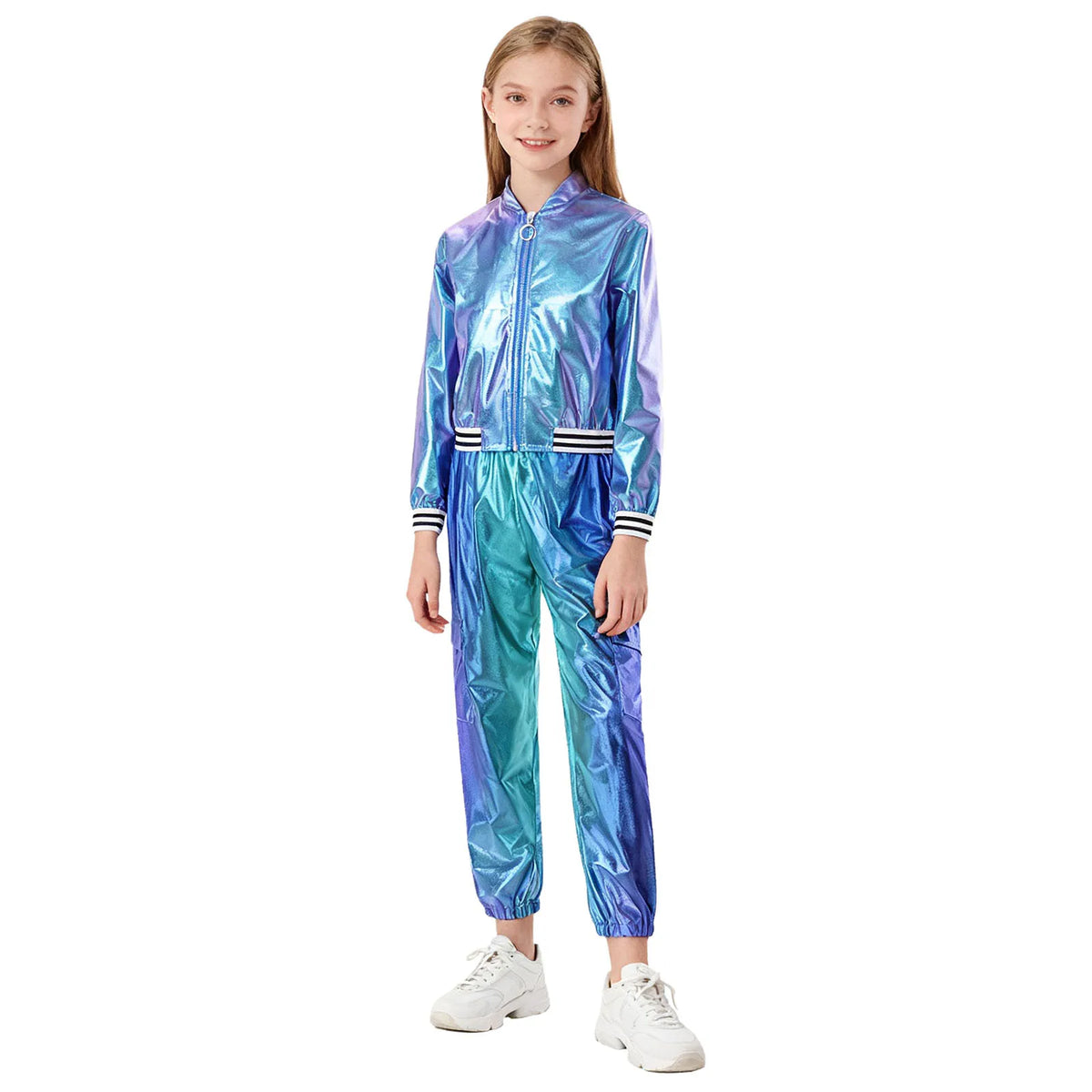 Ensemble Danse Fille Hip Hop | Veste Bomber Métallique & Pantalon | Costume Scène Carnaval Jazz