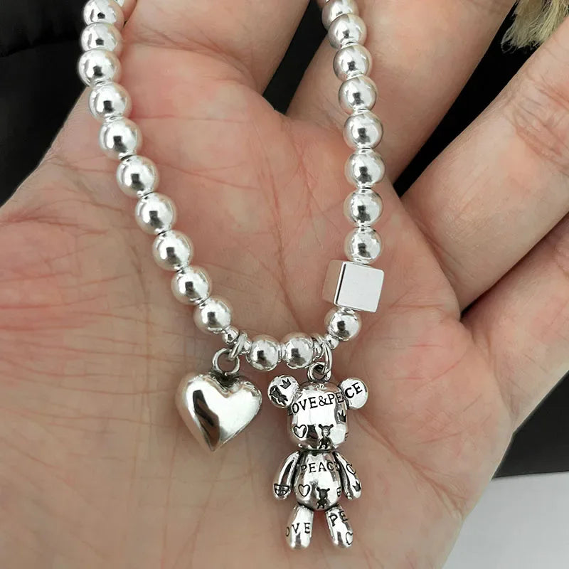Bracelet Argent 925 Perles Ours Mignon | Pendentif Charme | Bijou Femme Fête & Anniversaire