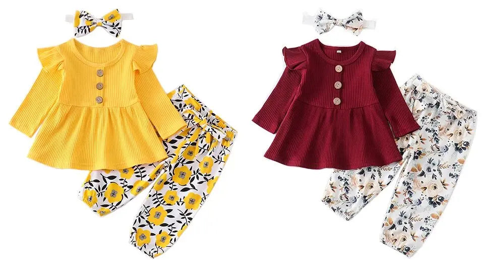 Newborn Baby Girl Clothes Set Solid Knitting Long Sleeve Tops Floral Print Pants Headband 3Pcs Outfits Casual Infant Clothing