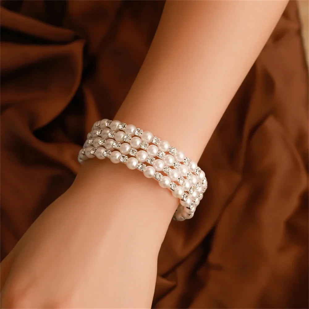 Elegant Multi-Layer Pearl Bracelet Adjustable Crystal Beaded Bangle for Women Wristband Bridal Jewelry Weddings Party Gifts