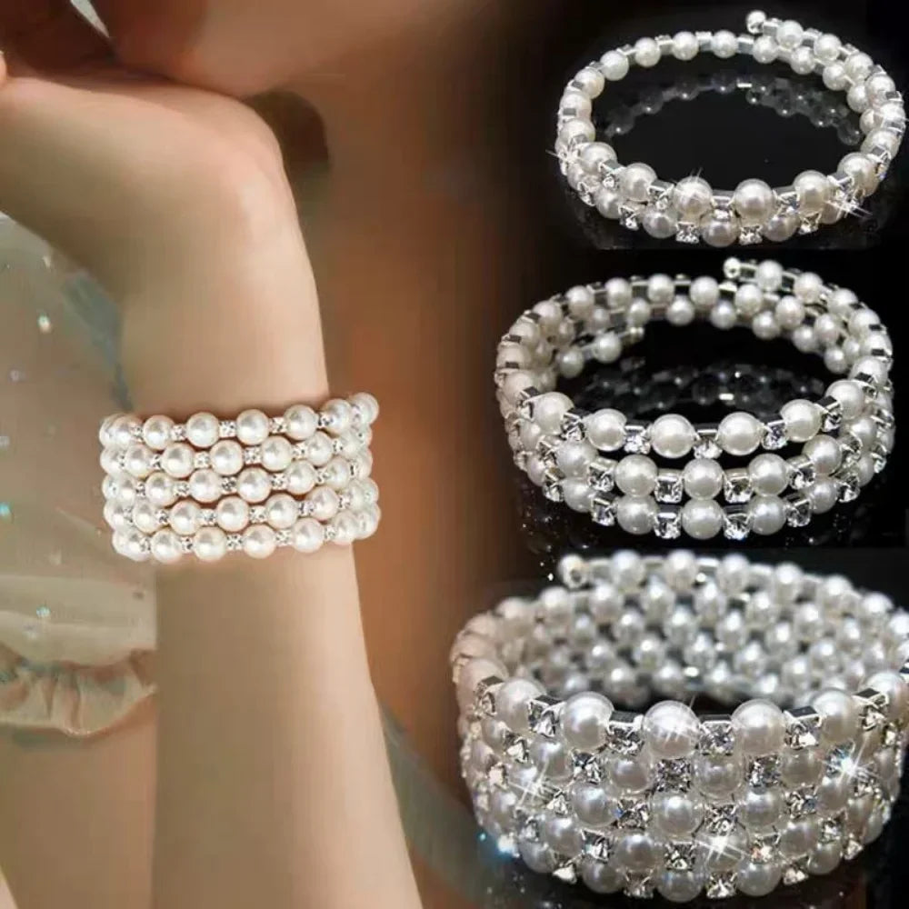 Elegant Multi-Layer Pearl Bracelet Adjustable Crystal Beaded Bangle for Women Wristband Bridal Jewelry Weddings Party Gifts