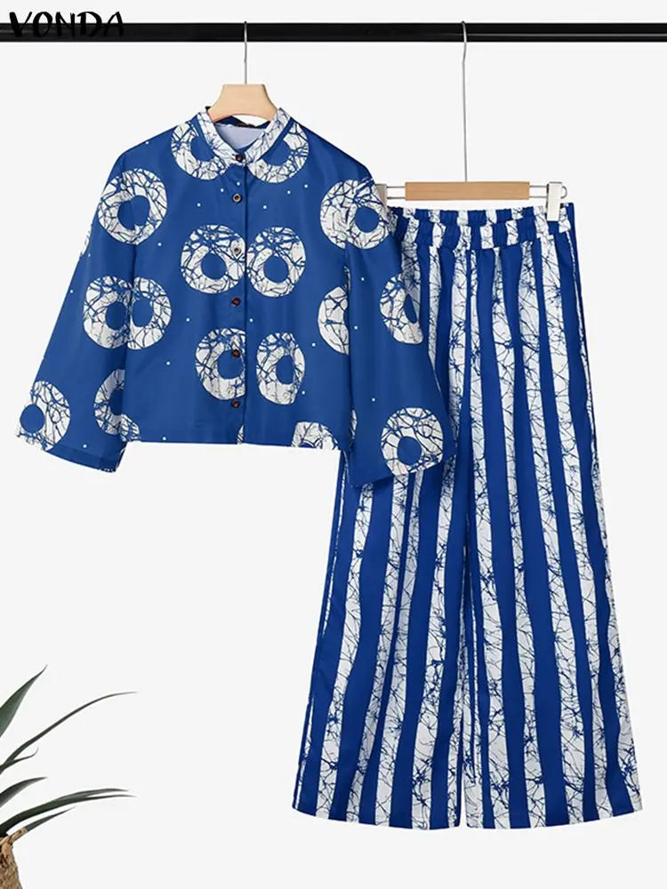 Ensemble 2 Pièces Grande Taille Femme 5XL | Boho Manches 3/4 | Chemise Imprimée & Pantalon Large | Vintage
