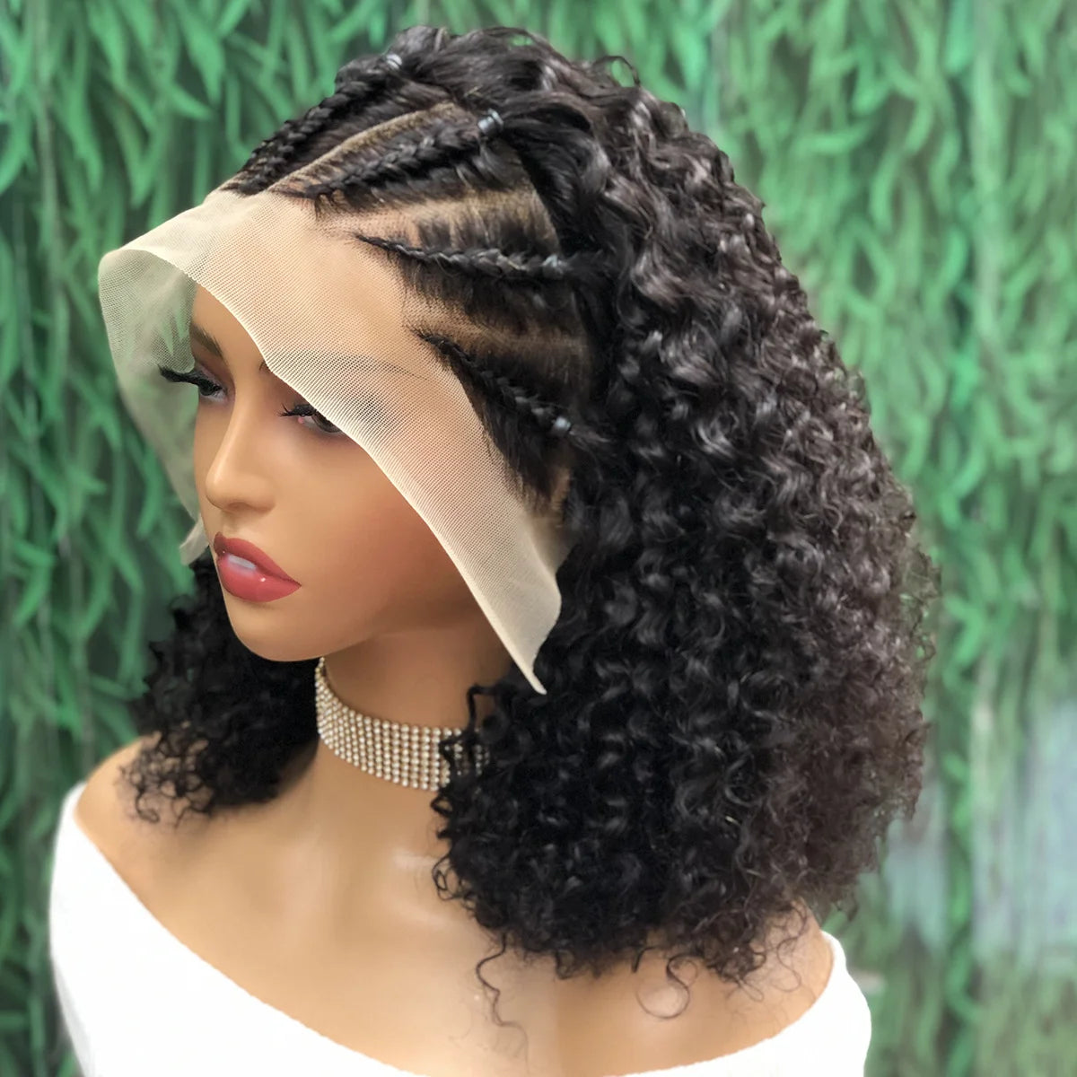 Perruque Bob Curly | 13x4 Lace Front | Tresses Cornrow Pré-Tressées | Quickwig | Cheveux Humains | Femmes Noires