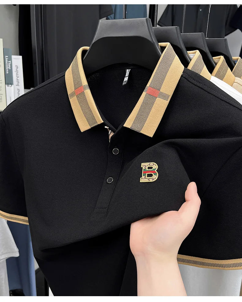 Luxury brand logo short-sleeved polo shirt for men's summer new high-end silk-cotton breathable casual fashion T-shirt clothing