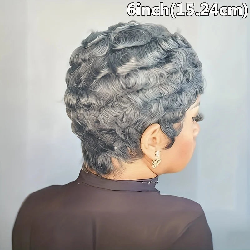 Human Hair Wig 6Inch Natural Grey with Loose Curls 180% Density Machine-Made Wig with Rose Net Cap Comfortable Fit for Daily Wear