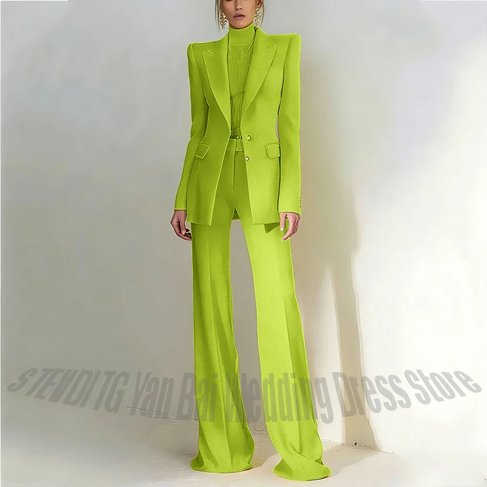 Women's Pant Suit 2 Piece Set Office Female Business Work Formal Jacket Trouser One Button Chic Yellow Peaked Lapel Elegant Suit