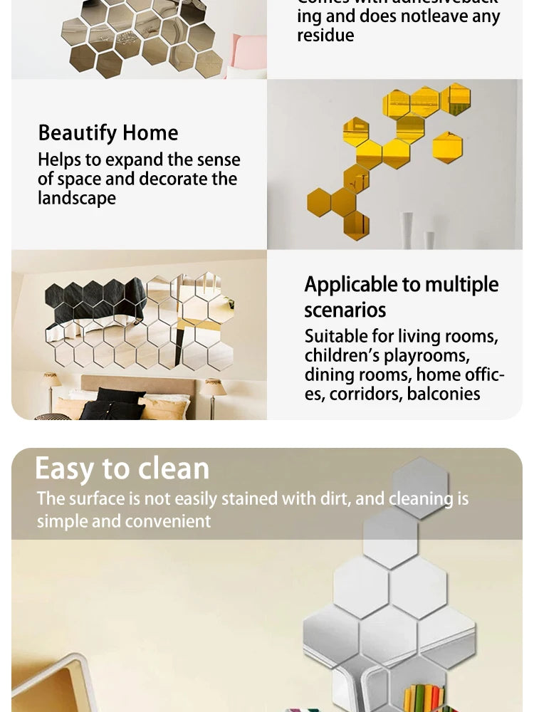 Hexagonal Mirror Wall Decals | Self-Adhesive 3D Acrylic Decorative Mirrors | Creative Wall Decals for Living Rooms and Bedrooms