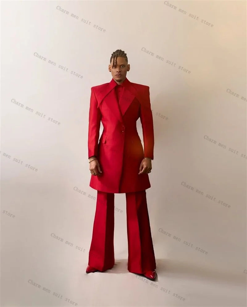 Luxury Crystals Red Men Suits Set 3 Pcs Overcoat+Blazer+Pant Trousers Groom Wedding Tuxedo Formal Office Cotton Prom Jacket Coat