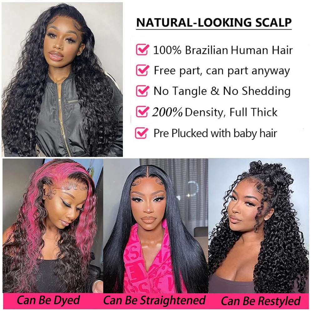 Perruque Deep Wave Cheveux Humains | 13x4 & 13x6 Lace Front | 200% Densité | Curly Frontal | Femme