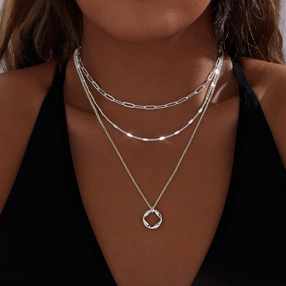 Layered 14k Gold Plated Necklaces for Women Stackable Silver Plated Circle Paperclip Chain Pendant Choker Necklace Set For Women