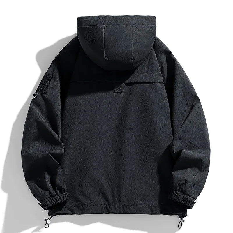 Coupe-vent homme Veste à capuche Manteau zippé Cargo Imperméable Blouson bomber noir Camping Veste de randonnée à capuche Softshell fine et ample