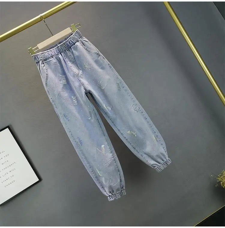 High-Waisted Jeans For Summer 2026 New Loose Elastic Waist Hot-Pressed Diamond Pants Women's Casual Denim Trousers
