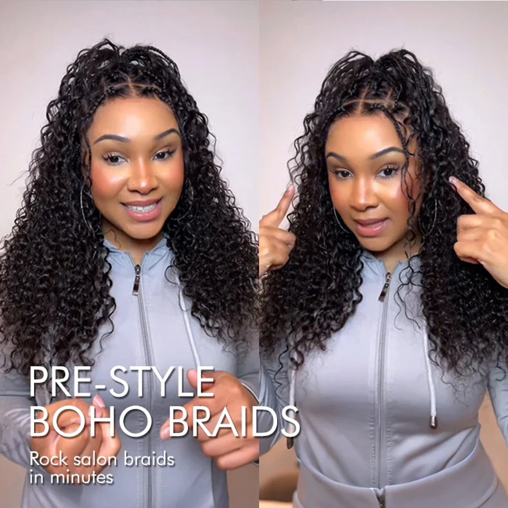 Glueless Knotless Braided Wigs Water Wave 13x6 HD Lace Human Hair Frontal Wigs Pull Go Glueless Wigs Human Hair With Drawstring