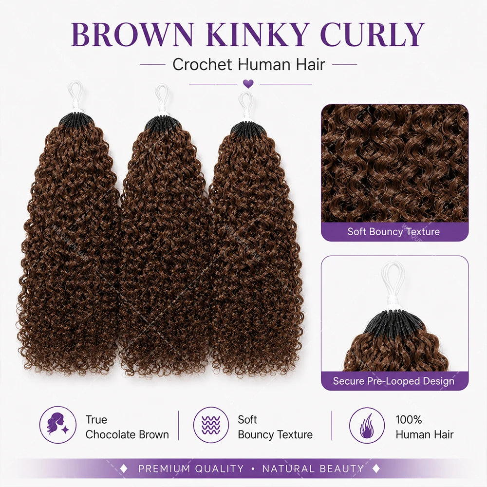 #4 Warm Brown Kinky Curly Crochet Human Hair Extensions Miracle Knots Pre Looped Easy Install Soft Natural Curly Texture