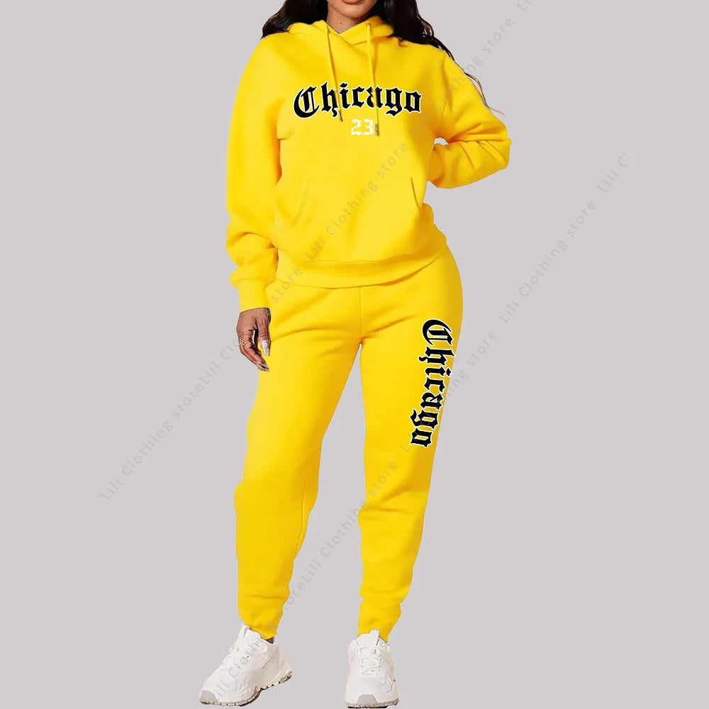Jogging Femme 2 Pièces | Sweat Capuche & Pantalon | Imprimé Chicago Lettre | Grande Taille Rose